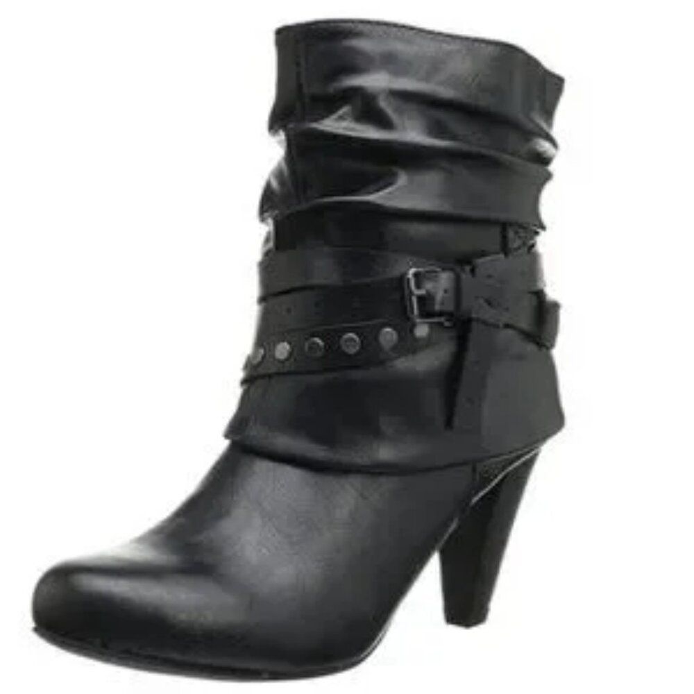 MADDEN GIRL Polyy Black Pari belted heeled boots faux leather size 7.5